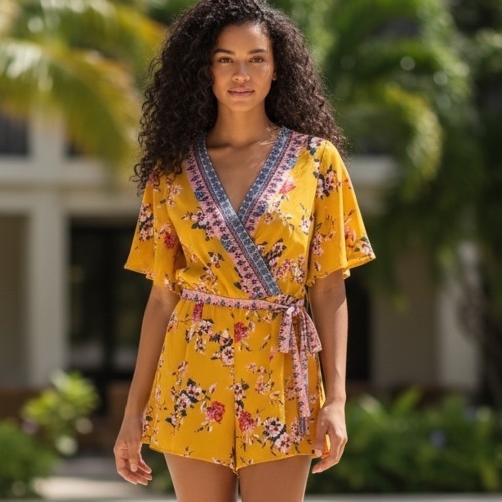 Trixxi Mustard Yellow Floral Boho Wrap Romper with Border Print Detail Size XL